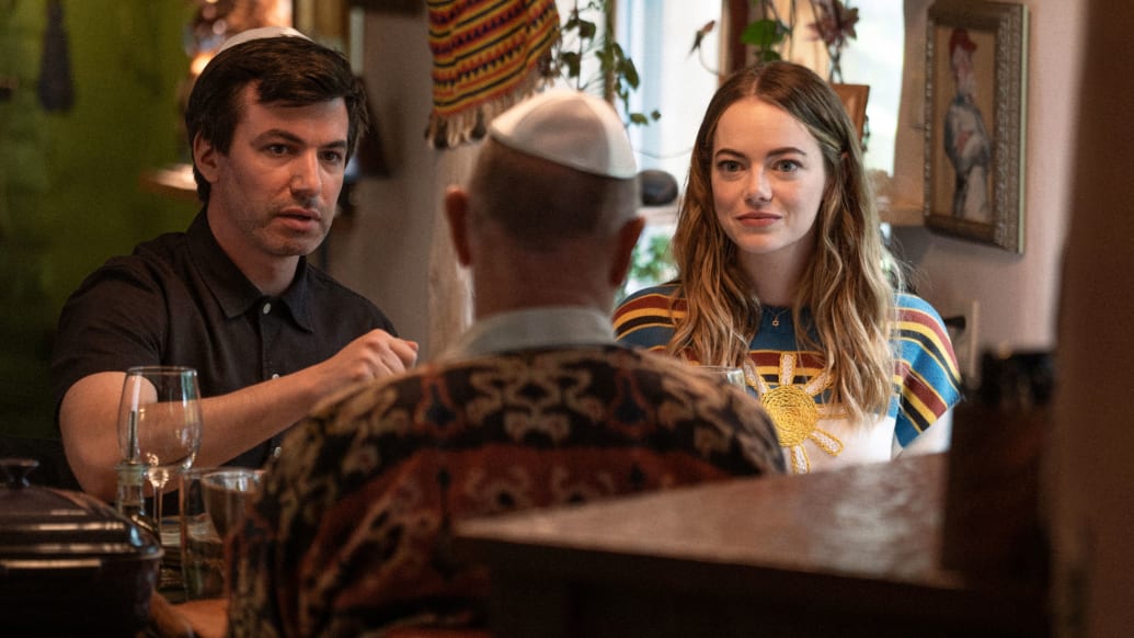 A photo including Nathan Fielder, Corbin Bernsen, and Emma Stone in the show The Curse on Showtime
