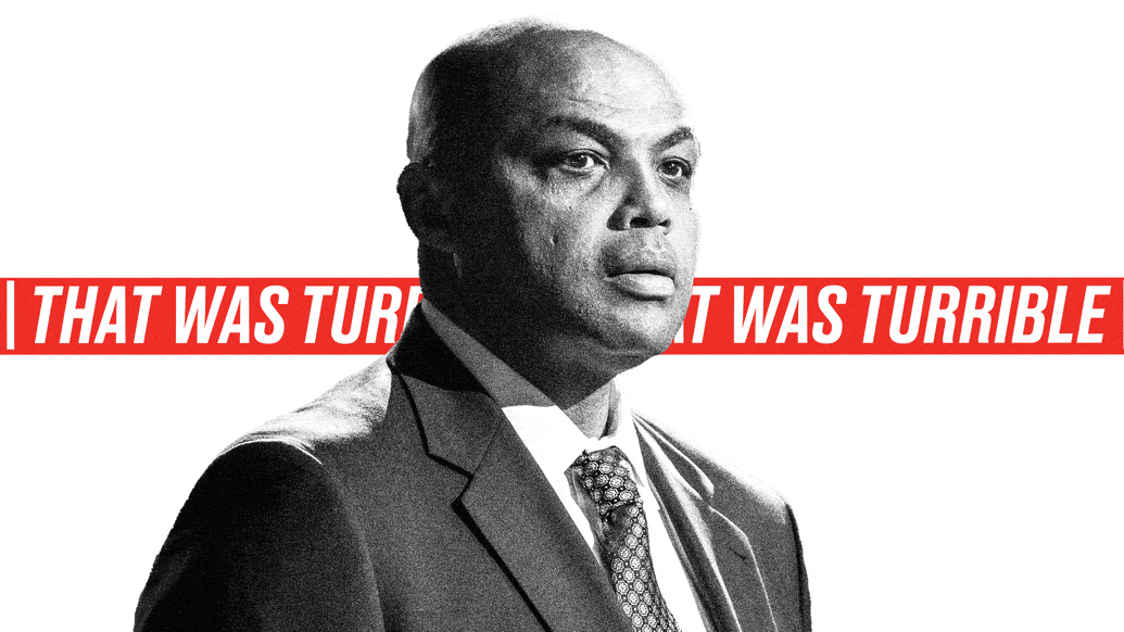 Photo illustrated gif of Charles Barkley with a scroll behind him reading “that was turrible”