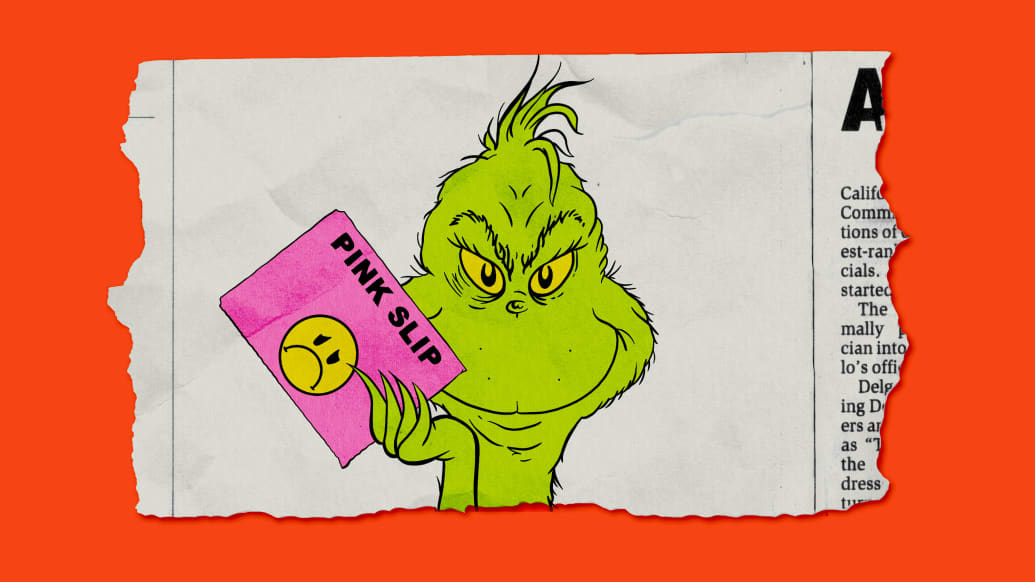 Photo illustration of the Grinch holding a pink slip on a newspaper clipping.