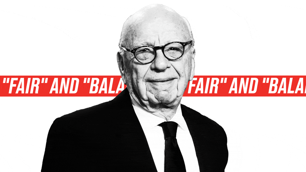 Photo illustrative gif of Rupert Murdoch with a tricker behind him reading “Fair” and “Balanced”