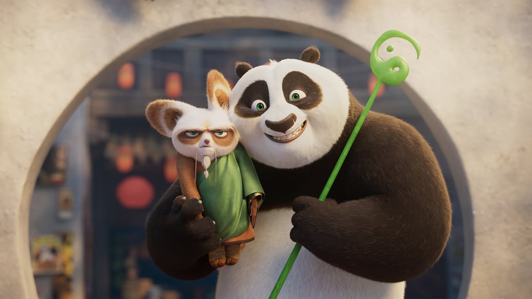 Dustin Hoffman as Shifu and Jack Black as Po in Kung Fu Panda 4.