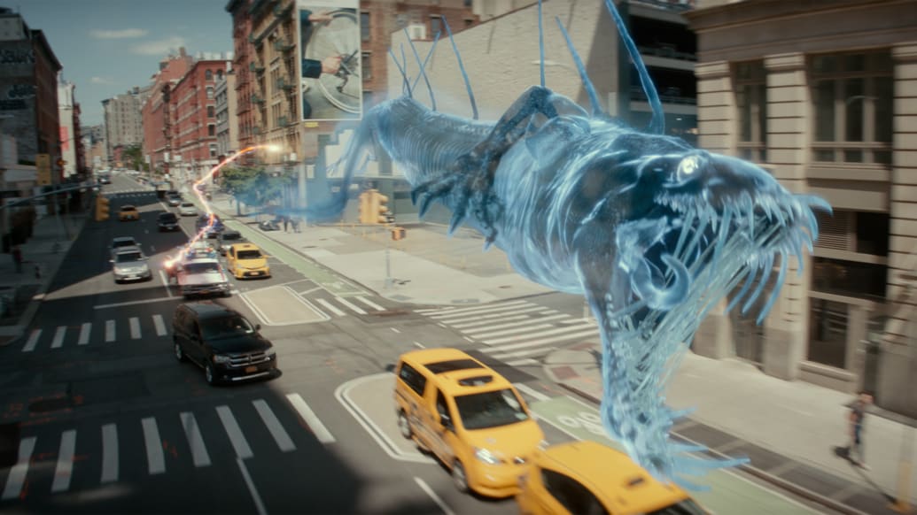 "Sewer Dragon Ghost being chased through New York in Columbia Pictures’ GHOSTBUSTERS: FROZEN EMPIRE."
