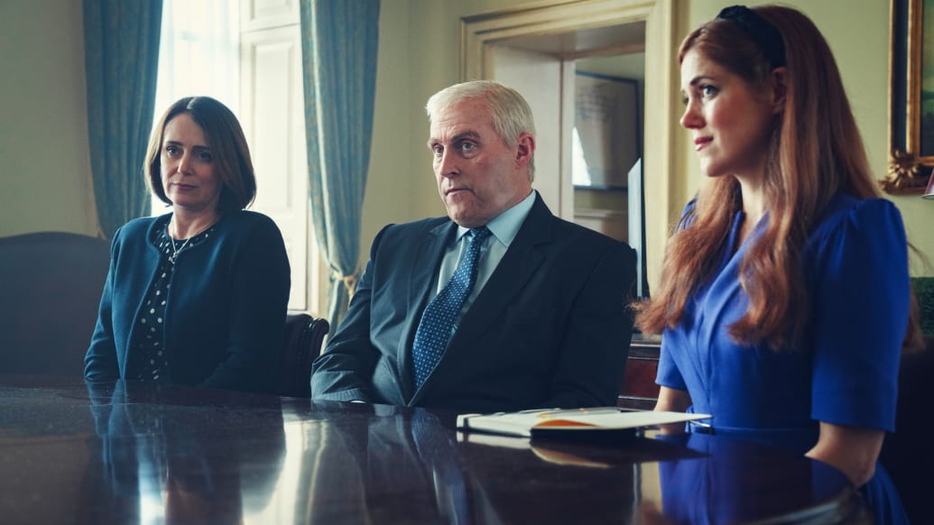 Keeley Hawes, Rufus Sewell, Charity Wakefield in the film Scoop on Netflix