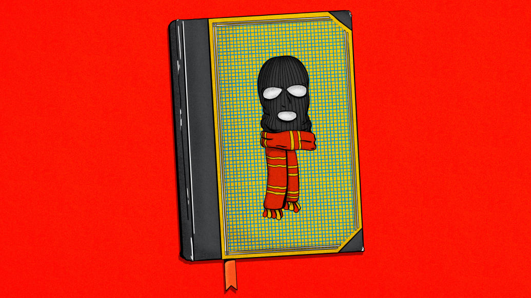 Illustration of a book cover with a robber mask wearing a Gryffindor scarf from Harry Potter