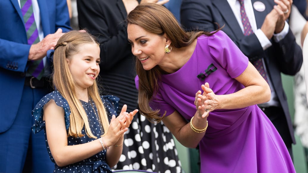 Catherine, Princess of Wales talks with Princess Charlotte at Wimbledon on July 14th, 2024 in London, England.