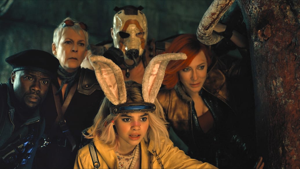 A photo of Kevin Hart as Roland, Jamie Lee Curtis as Tannis, Ariana Greenblatt as Tiny Tina, Florian Munteanu as Krieg, and Cate Blanchett as Lilith