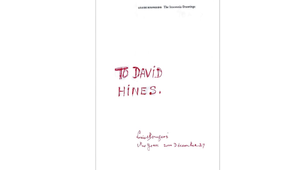 An image of a Louise Bourgeois book with an inscription for David Hines