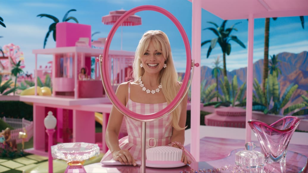 A production still of Margot Robbie in the movie Barbie.