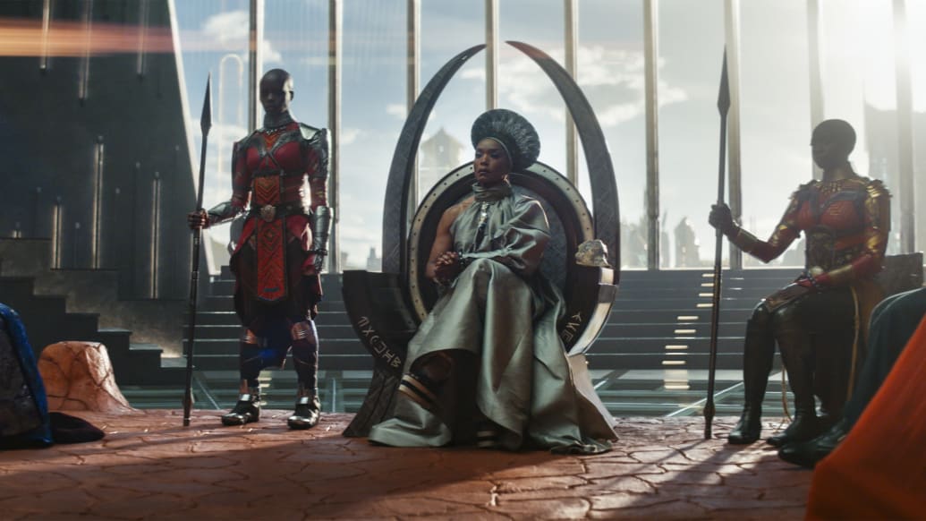 A production still of Dorothy Steel, Florence Kasumba, Angela Bassett, and Danai Gurira in Black Panther: Wakanda Forever.