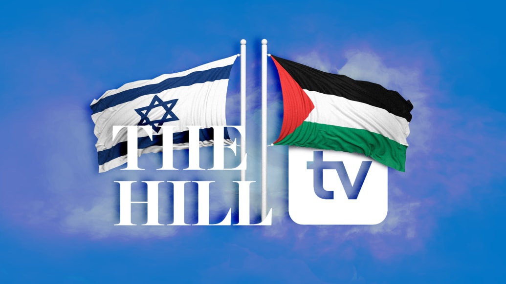 Illustration of Israel and Palestine flags, The Hill logo