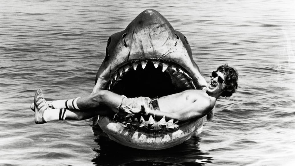 A photo of director Steven Spielberg while filming 'Jaws'