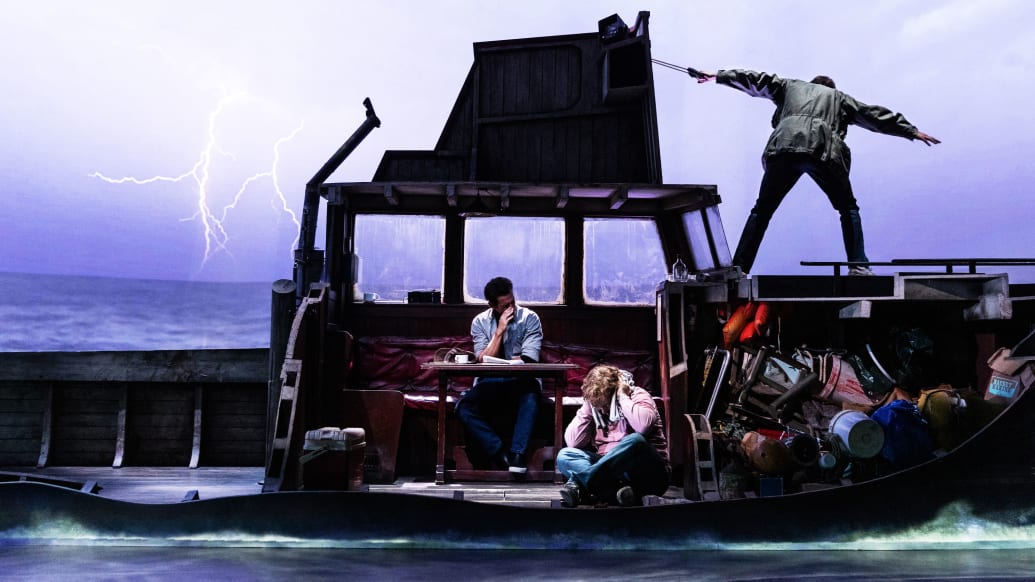 A photograph of Colin Donnell, Alex Brightman, and Ian Shaw in 'The Shark Is Broken.'