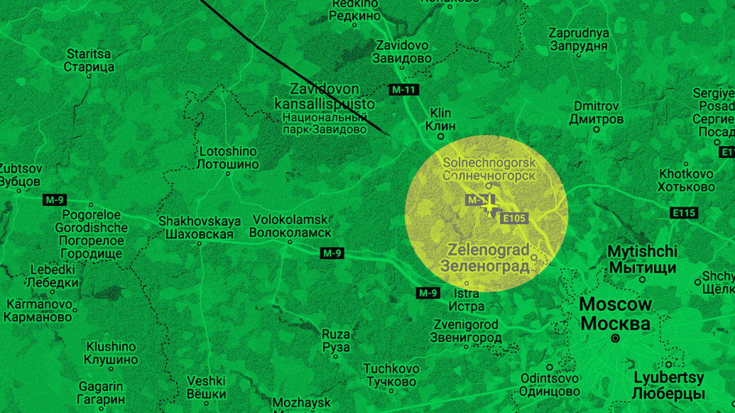 Map of Tver region in Russia marked with site of plane crash.