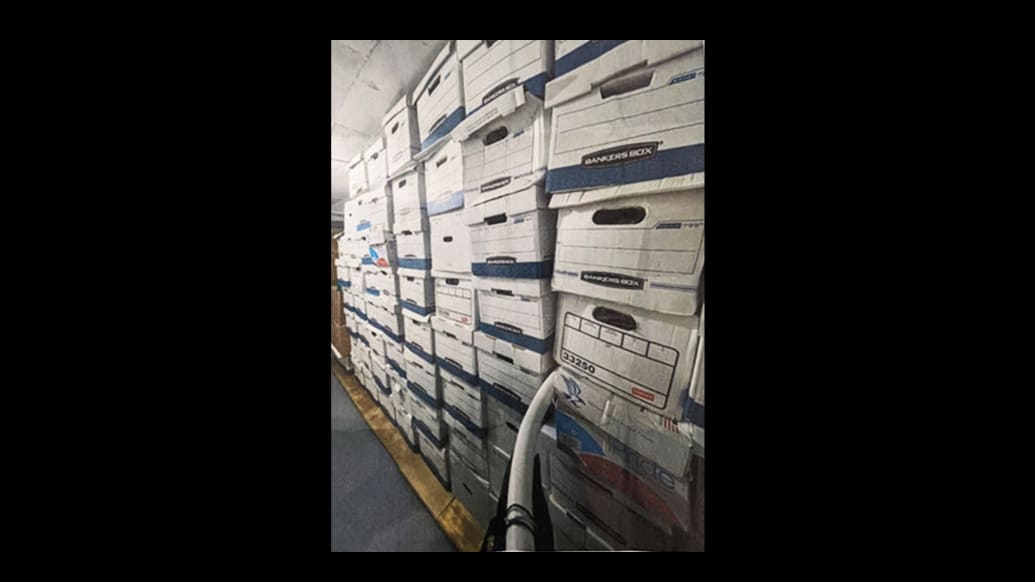 A photo of boxes fill with documents in Donald Trump’s storage room
