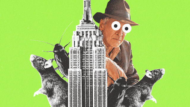 A photo illustration of Indiana Jones looking scared in New York City surrounded by rats and cockroaches