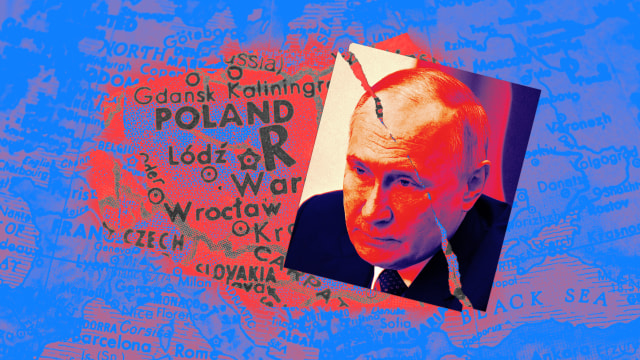 A photo illustration of Russian President Putin and a map of Poland.