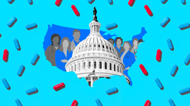 A photo illustration of the map of the USA with medical doctors, nurses, prescription pills, and the Congress building.