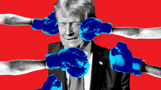 A photo illustration with Donald Trump with blue boxer gloves aiming at him on a red background