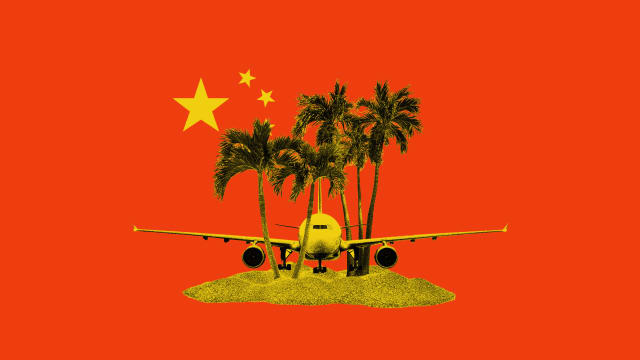 Photo illustration of a yellow plane collaged with yellow sand and yellow palm trees on a red background with the Chinese flag behind it.