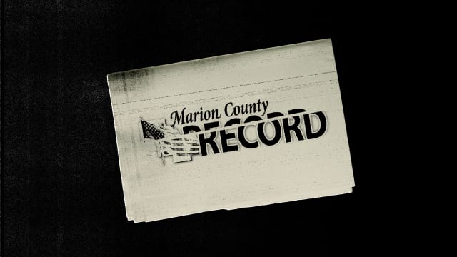 Photo illustration of a beige newspaper with the Marion County Record logo distorted on top with distressed texture on a black background