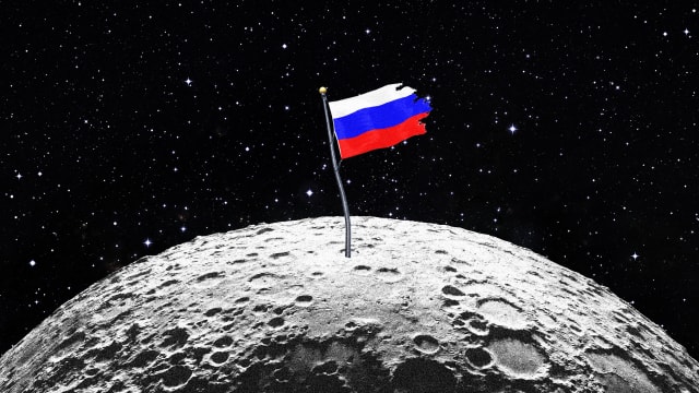 A photo illustration of the moon with an old, tattered Russian flag