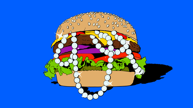 Illustrated gif of a cheeseburger with a pearl necklace falling out of it with glitter sparkling.