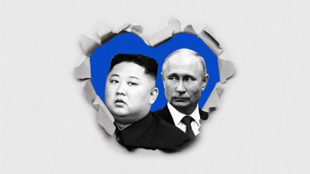 An illustration including photos Kim Jong Un, Putin, and ripped paper.