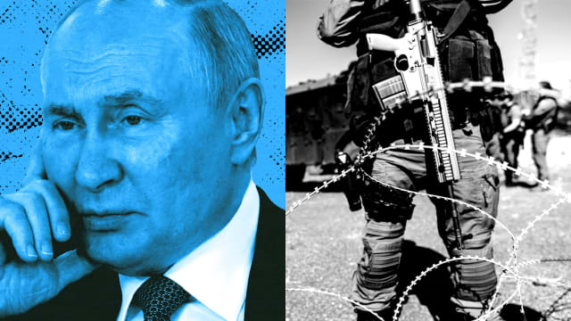 A diptych of Vladamir Putin and a soldier in Kosovo.
