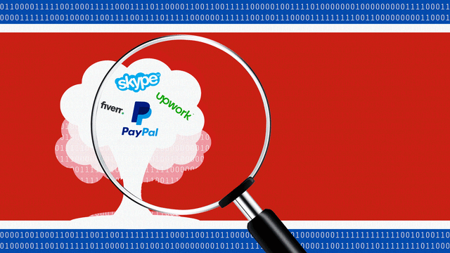 An illustration that includes colors from the North Korean Flag, the PayPal logo and a Magnifying Glass