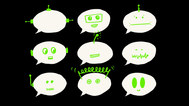 Nine white speech bubbles on a black background with green robot doodles