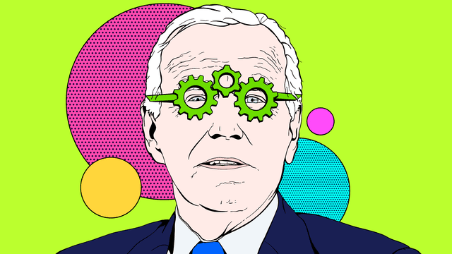 Illustrated gif of Joe Biden wearing glasses made out of spinning gears with dots behind him.