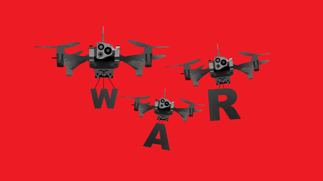 An illustration of three drones carrying letters that spell out WAR on a red background.
