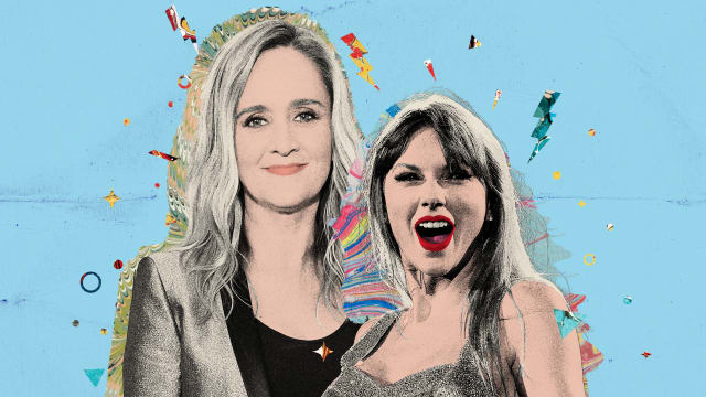 Photo illustration of Samantha Bee and Taylor Swift on a blue background
