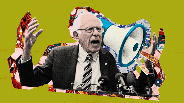Photo illustrative of gif of Bernie Sanders with a megaphone and squiggle lines coming out of it