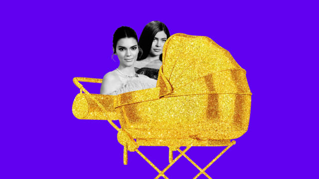 An illustration including photos of Kylie Jenner, Kendall Jenner, and a golden stroller