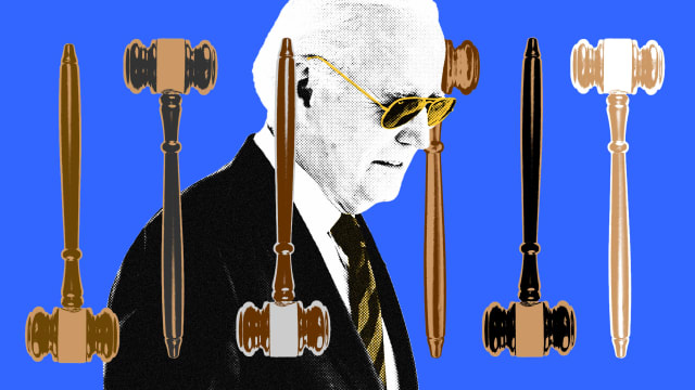 A photo illustration of Joe Biden with gavels of different shades of colors surrounding him