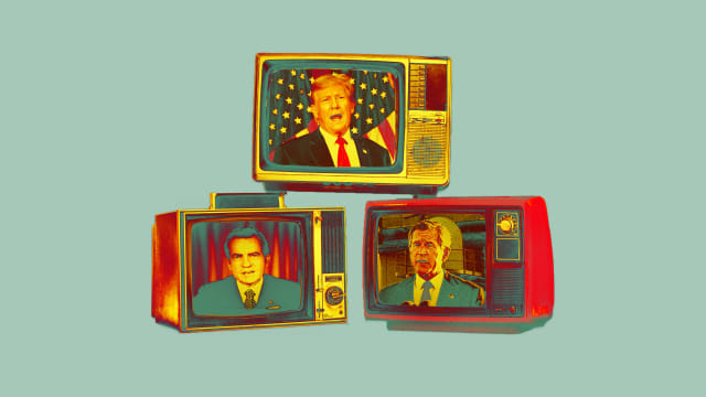 A photo illustration of former US Presidents Trump, Bush, and Nixon.