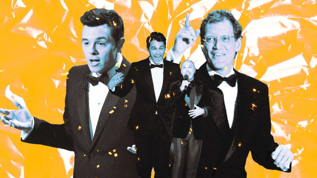 A photo illustraiton of Seth McFarlane, Jo Koy, David Letterman, and James Franco.