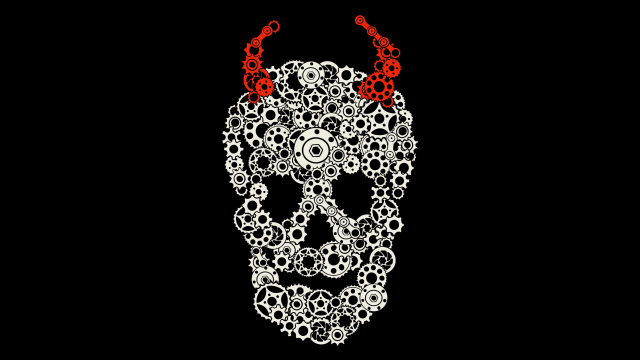Illustration of gears making up a skull with red gear horns