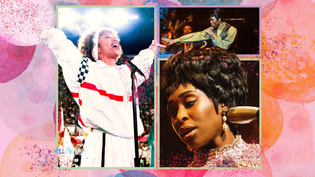 A photo illustration showing stills from Whitney Houston: I Wanna Dance With Somebody, Get On Up and Genuis: Aretha.