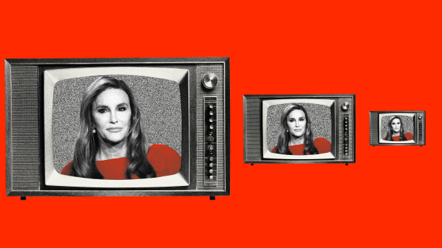 Photo illustration of three pictures of Caitlyn Jenner inside an old tv getting progressively smaller on a red background