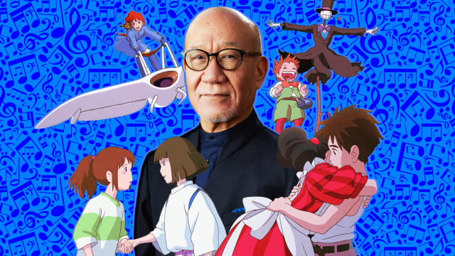 A photo illustration of composer Joe Hisaishi and characters from Nausicaa, Spirited Away, The Boy and the Heron, and Howl’s Moving Castle.
