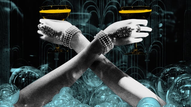An illustration including a photo of hands toasting cocktails