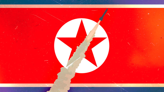 A photo illustration of a rocket launch over the North Korean flag.