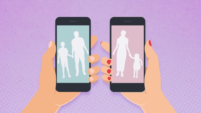 A photo illustration of hands holding phones and parents with their children.