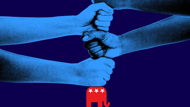 A photo illustration of a stack of fists pressing down on a red elephant