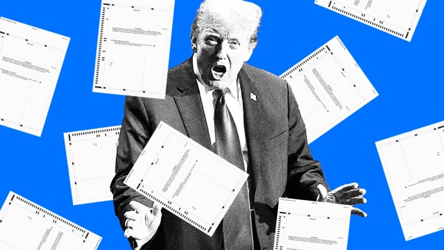 A photo illustration of Donald Trump with ballots all around him