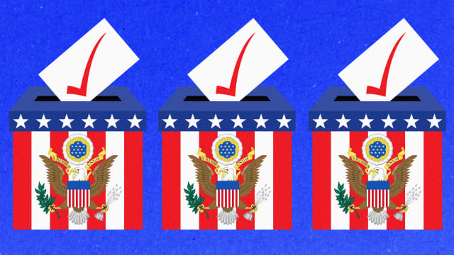 A photo illustration of election ballot boxes with the US government seal.