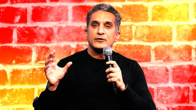 A photo illustration of Bassem Youssef performing.
