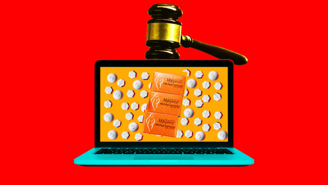 A photo illustration of a laptop with mifepristone, misoprostol pills, and a judge’s gavel.